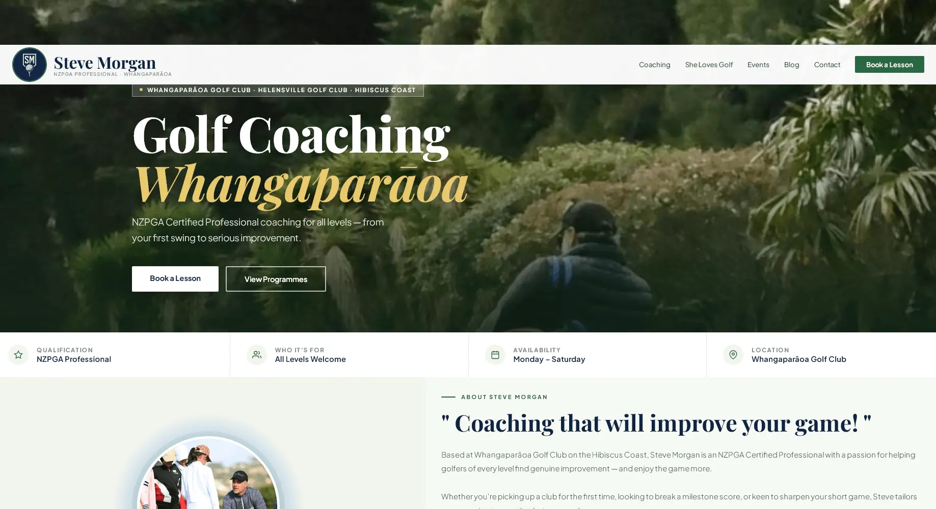 Steve Morgan Golf website with multi-location booking system and coaching programmes